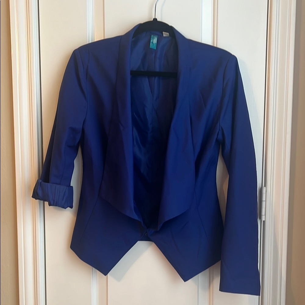 Buttons Blue Blazer Asymmetrical Hem
